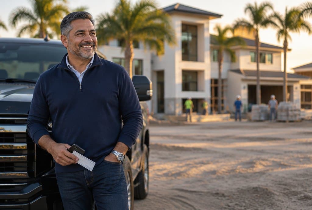 Construction company owner smiling beside his truck in front of a job site
